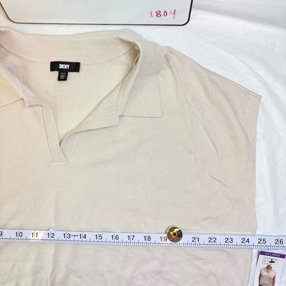 DKNY Womens Beige Short Sleeve Polo Collar Knit Sweater Top XXL E3GR0416 NEW